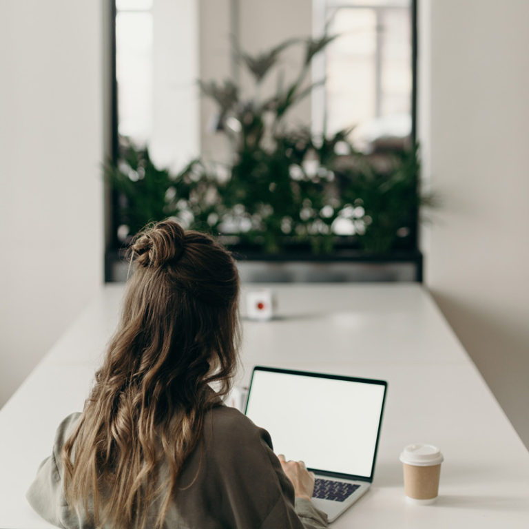 woman with back to camera, looking at laptop, ASD Online testing for adults, OAT